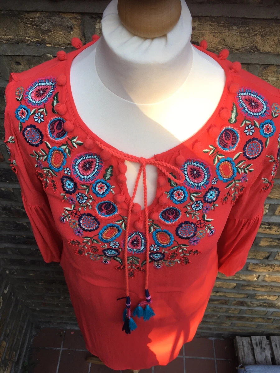 PK Berry Embroidered Red Boho Chic Dress Size S Uk 10