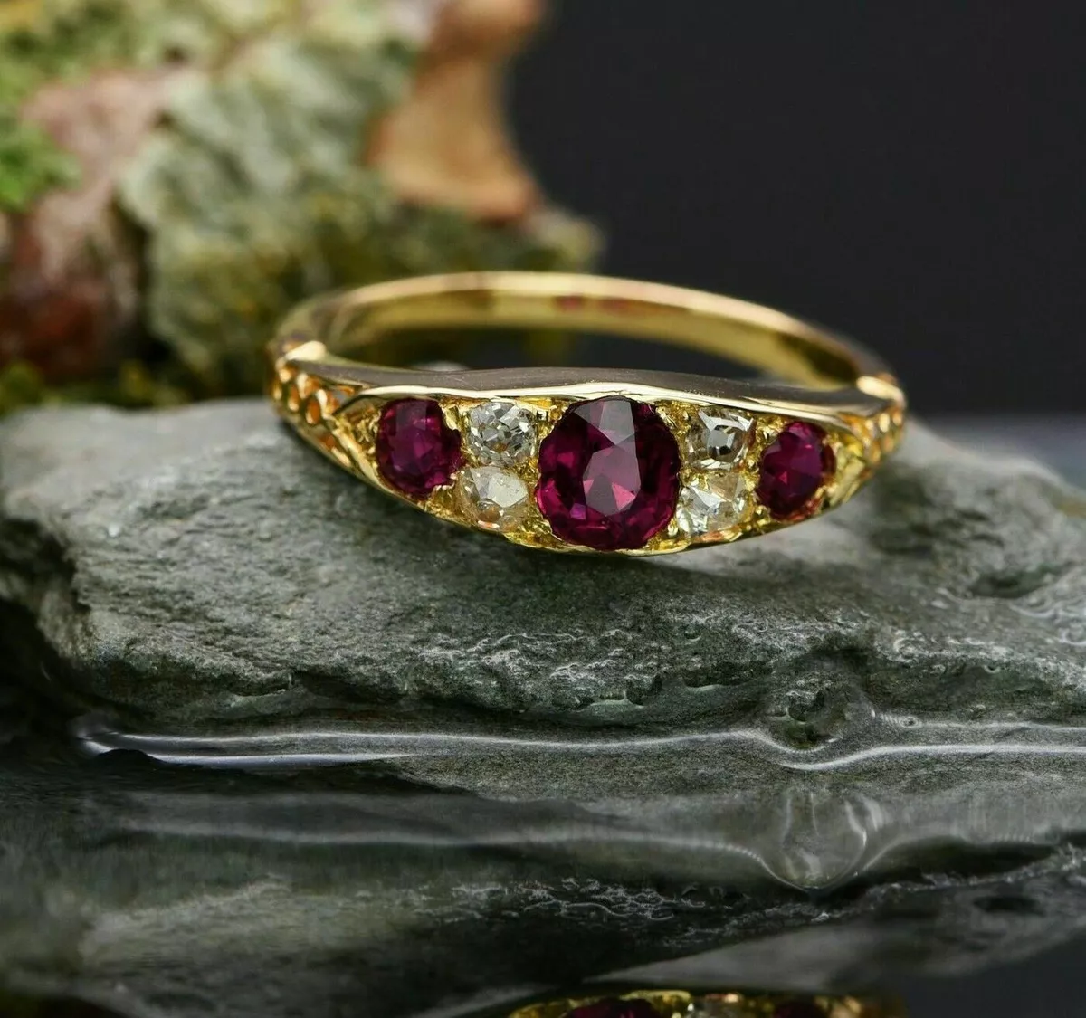 Alternating Red Ruby & Diamond Wedding Band Anniversary Ring