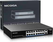 16 Port Gigabit PoE Switch Unmanaged, 16 Port PoE+@250W, 2 Gigabit Uplink
