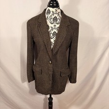 Jones New York Brown Black Check Silk Blend Longline Blazer Jacket Womens 8 USA