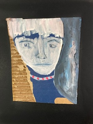Original Portrait Painting Expressive Blue Naive Outsider Wall Art Miz Katie