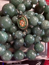 Vintage Rare 12 In green jade hand knotted beaded necklace W Mosaic Slide Clasp