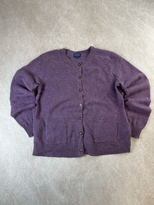 Vintage Pendleton 100% Schurwolle Strickjacke Pullover Damen L lila Rundhals Tasche