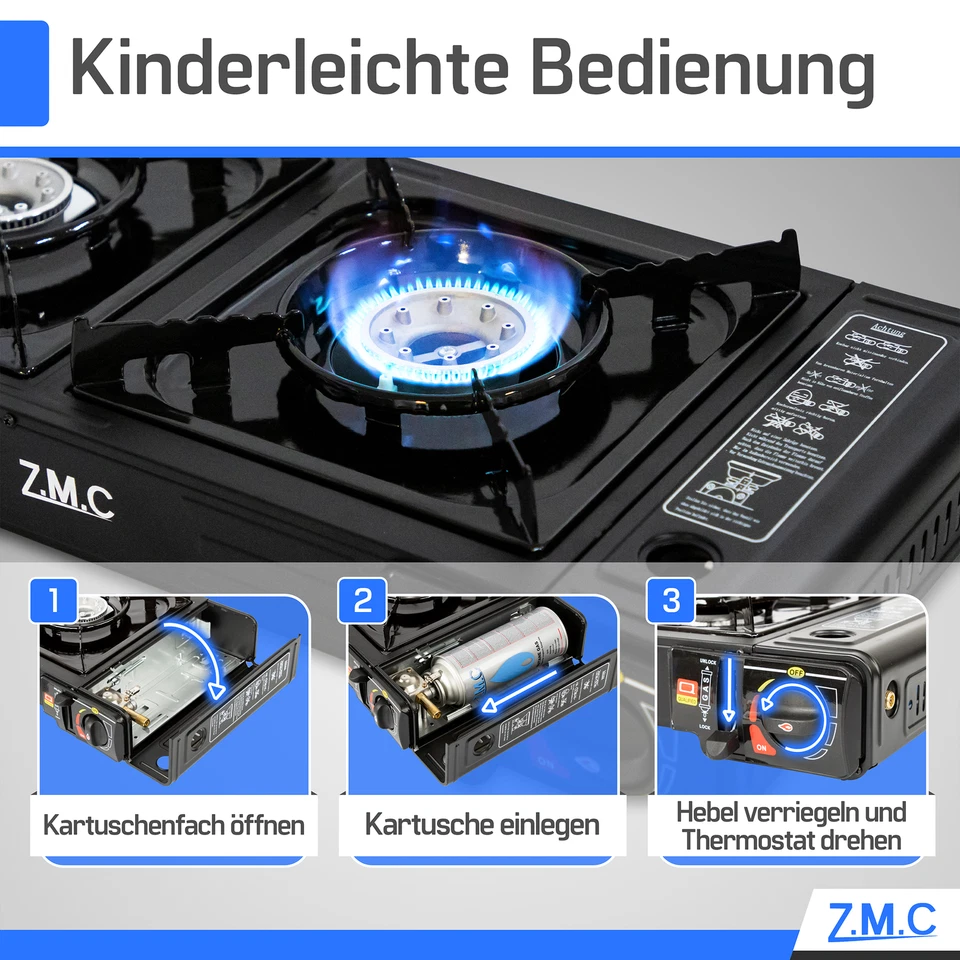 ZMC Campingkocher 2 flammig Outdoor Camping Gaskocher Grillplatte +Gaskartuschen - Bild 2 von 4