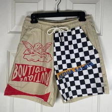 OAS Chess Angel Heavy Canvas Shorts Beige Mens Small Graphic Cherub Checkerboard