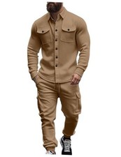 Men's Fleece Cargo Jacket Tracksuit Set 2 Pieces Solid Color Long Large Khaki