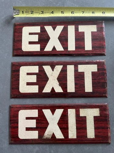3 Vintage Exit Advertising Wood Grain Tin Reflective Metal Signs No Reserve!