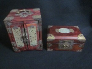 Old Vintage Chinese Rosewood Jewelry Cabinet Box x2 with Brass & Jade Panels