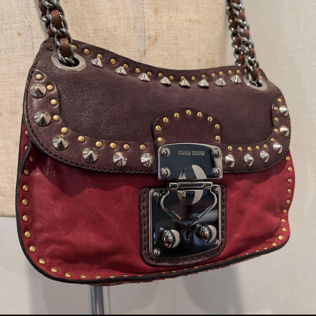 MIU MIU Studded Suede Chain Shoulder Bag Crossbody Authentic Pre-Owned Excellent Japan