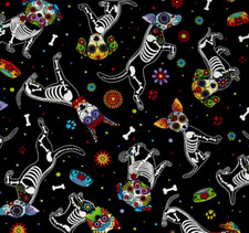 Day of the Dead Dogs Bowls Toys Fabric 18" x 44" 100% Cotton - 