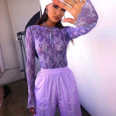 Sheer Purple Flames Mesh Summer Tops long sleeve shirt funky Sheer Purple Flames Mesh Summer Tops long sleeve shirt funky