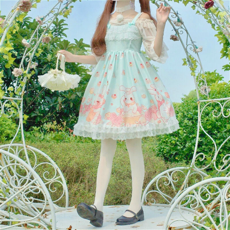 Girls Lolita Dress Lace Frill Bow Jumper Skirt Cute JSK Kawaii