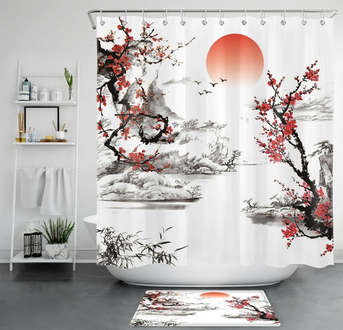 Japanese Style Cherry Blossom Red Sun Shower Curtain Bathroom Accessory Sets - Picture 1 of 14