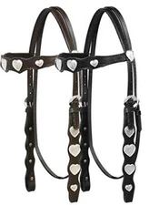 Leather Browband Headstall w/ Engraved Silver Heart Conchos & Reins