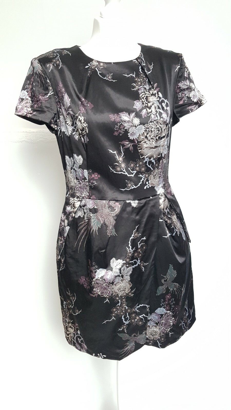 CUE Black Chinoiserie oriental pattern cotton blend Satin Dress Size 14 pockets