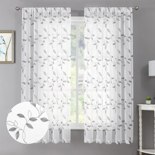 Grey Leaf Sheer Curtains Leaves Embroidered Living Room Short Curtain Rod Poc...