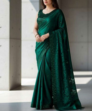 Lycra Blend Saree with Unstitched Blouse GREEN sarees for women ready to wear