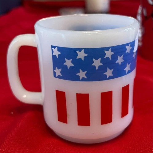 Vintage Glasbake Milk Glass Mug Stars & Stripes Red White & Blue Retro Patriotic