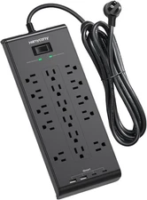 Surge Protector Power Strip, HANYCONY 5 Ft Flat Plug Heavy Duty 5 Ft, Black 