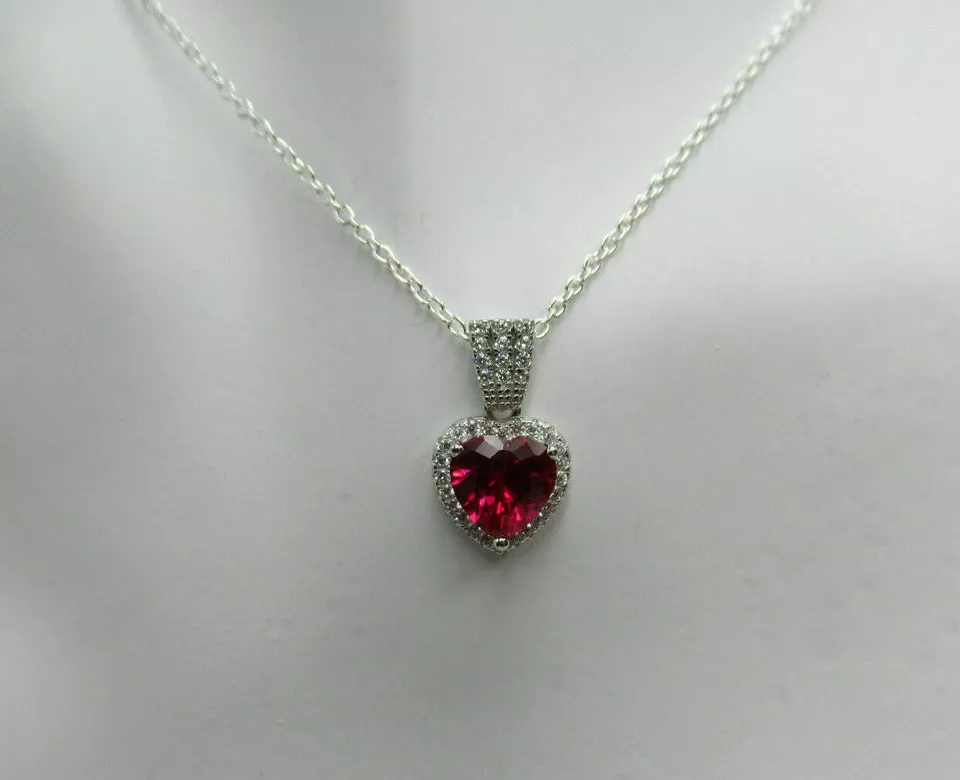 14K White Gold Over 2 Ct Heart Cut Red Ruby Simulated Diamond Halo Pendant Chain - Image 2 of 4