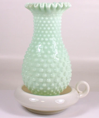 MINT Vtg Fenton Turquoise Milk Art Glass Hurricane Fairy Lamp Candle Holder