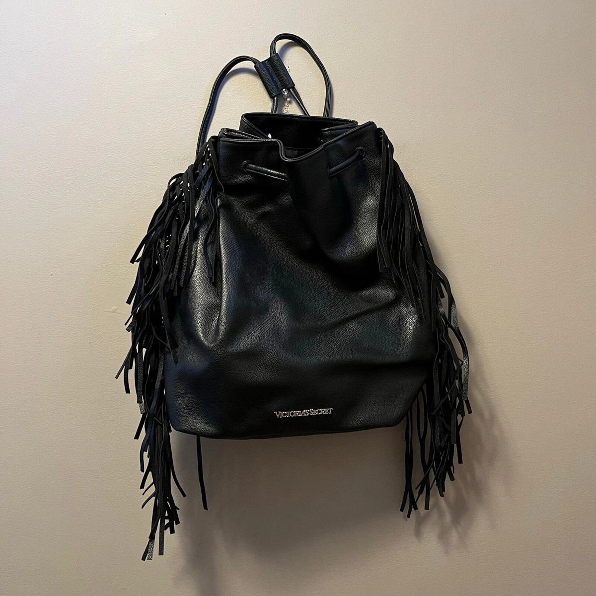 NWOT Victoria’s Secret Fringe Backpack Bucket Bag Black Victorias Secret Fringe Backpack NO Zipper/... | Depop main image 2