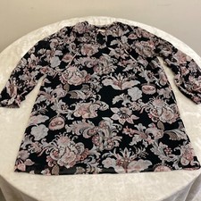 Loft Womens Black Gold Floral Split Neck 3/4 Sleeve Shift Dress Size Small