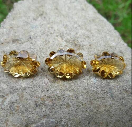 17,40 cts pierre précieuse découpée au laser citrine ensemble de 3 pièces fleurs pour fabriquer des pendentifs bagues - Photo 1 sur 9