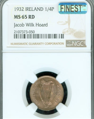 1932 IRELAND 1/4P FARTHING NGC MS65 RD PQ MAC FINEST GRADE JOCAB WILK HOARD *