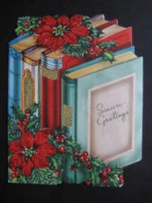 1950s vintage greeting card Sangamon diecut CHRISTMAS Books, Poinsettias, Holly