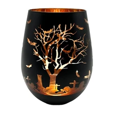 Halloween Haunted Graveyard Black & Orange Wine Glass Goblet Spooky Tree Bats