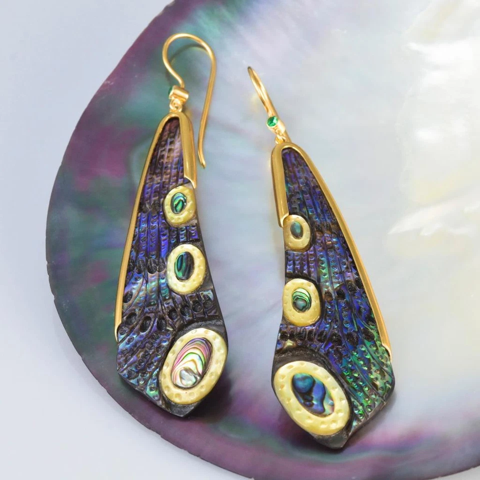 Dragonfly Wing Earrings Abalone Carving Gold Vermeil Sterling & Emerald 11.81 g - Image 3 of 4