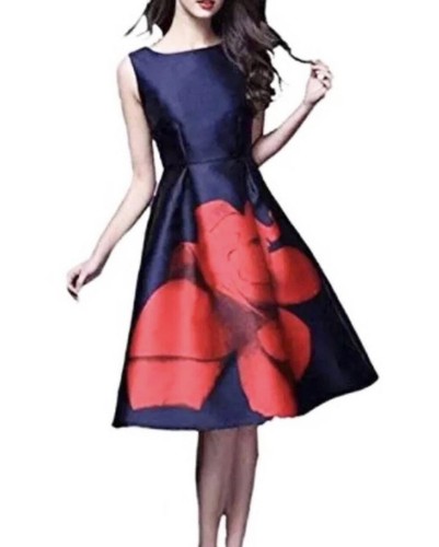 ๐๐ OU GRID Floral Fit Flare A-Line Round Neck Sleeveless Dress 5XL