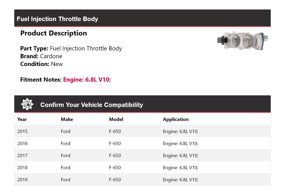 Корпус дроссельной заслонки впрыска топлива Cardone для Ford F-650 6,8 л V10 2015-2019 годов выпуска 2016 2017 годов выпуска - Изображение 2 из 4