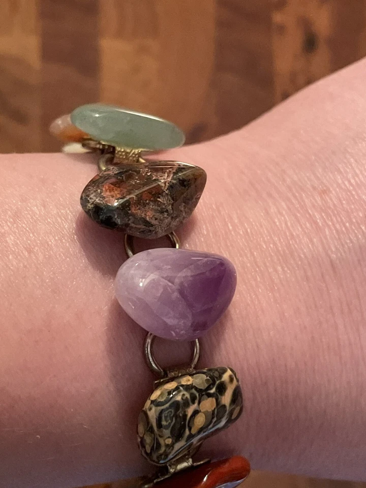 Unique Artisan Multistone Bracelet. Gold Tone. Size 6.8” - Image 3 of 4