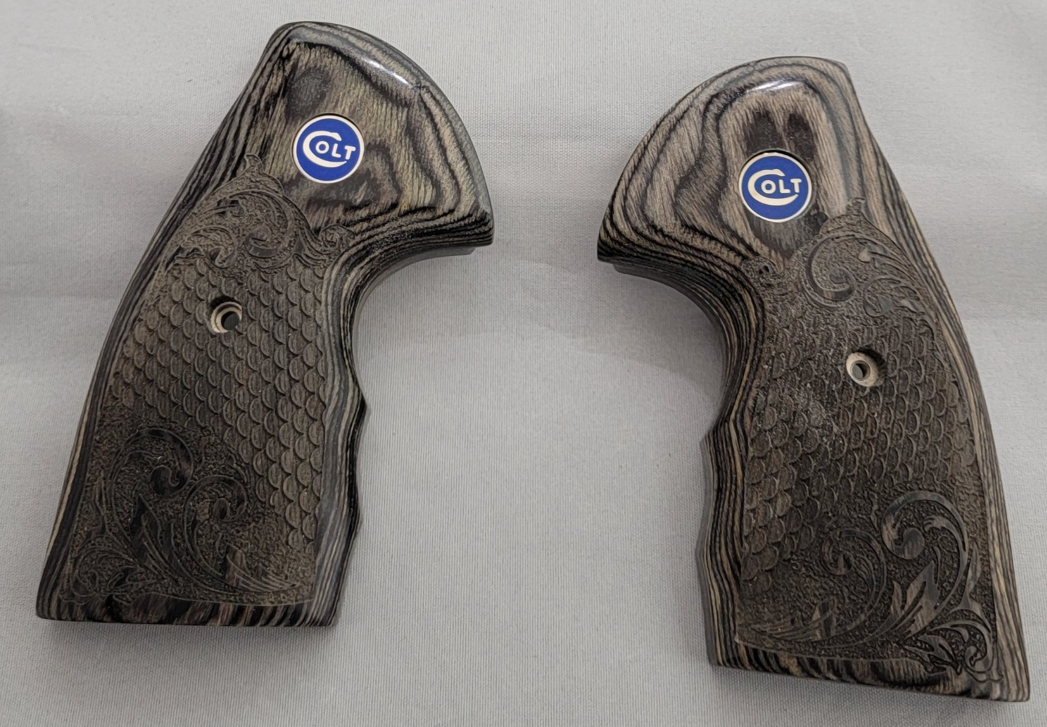 Simple Scroll Work On Colt Python Colt Python Black Rosewood with Scrollwork and Scales Grips with Blue ...