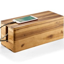 Best Acacia Wood Cable Management Box Round Edge - 16" L Wooden Organizer for