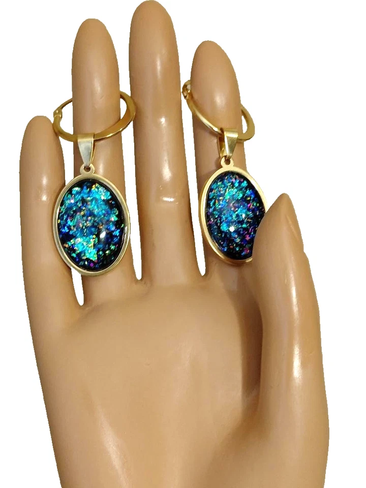 Pendientes de ópalo 18x25 mm resina ópalos de fuego azul real en acero inoxidable 18 quilates GP Foto 4 de 4