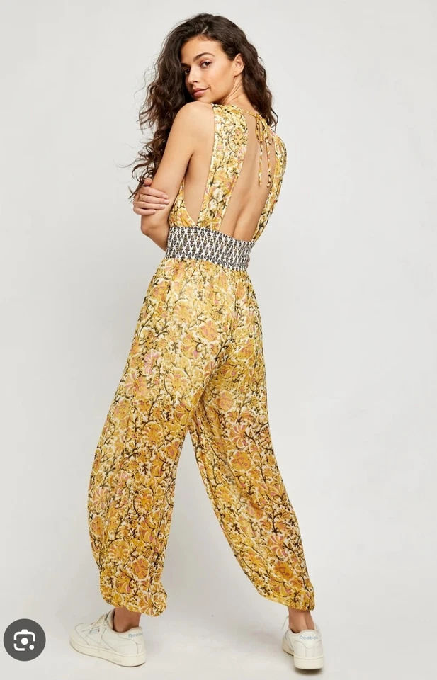 Free People Maria’s Yellow Floral Chiffon Halter Jumpsuit XS Stretch Boho Floral - Image 3 of 4