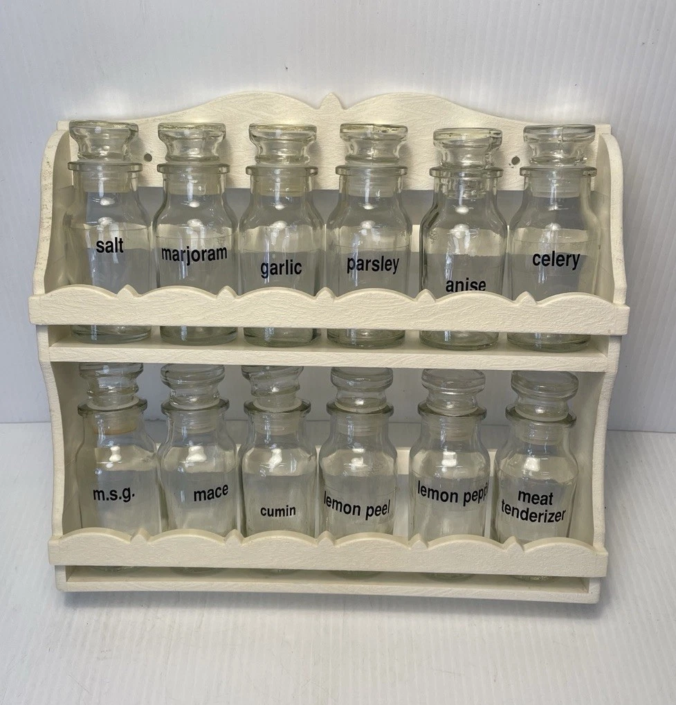 Vintage White Plastic Spice Rack w/ 12 Jars Cottage Farmhouse Apothecary *Read