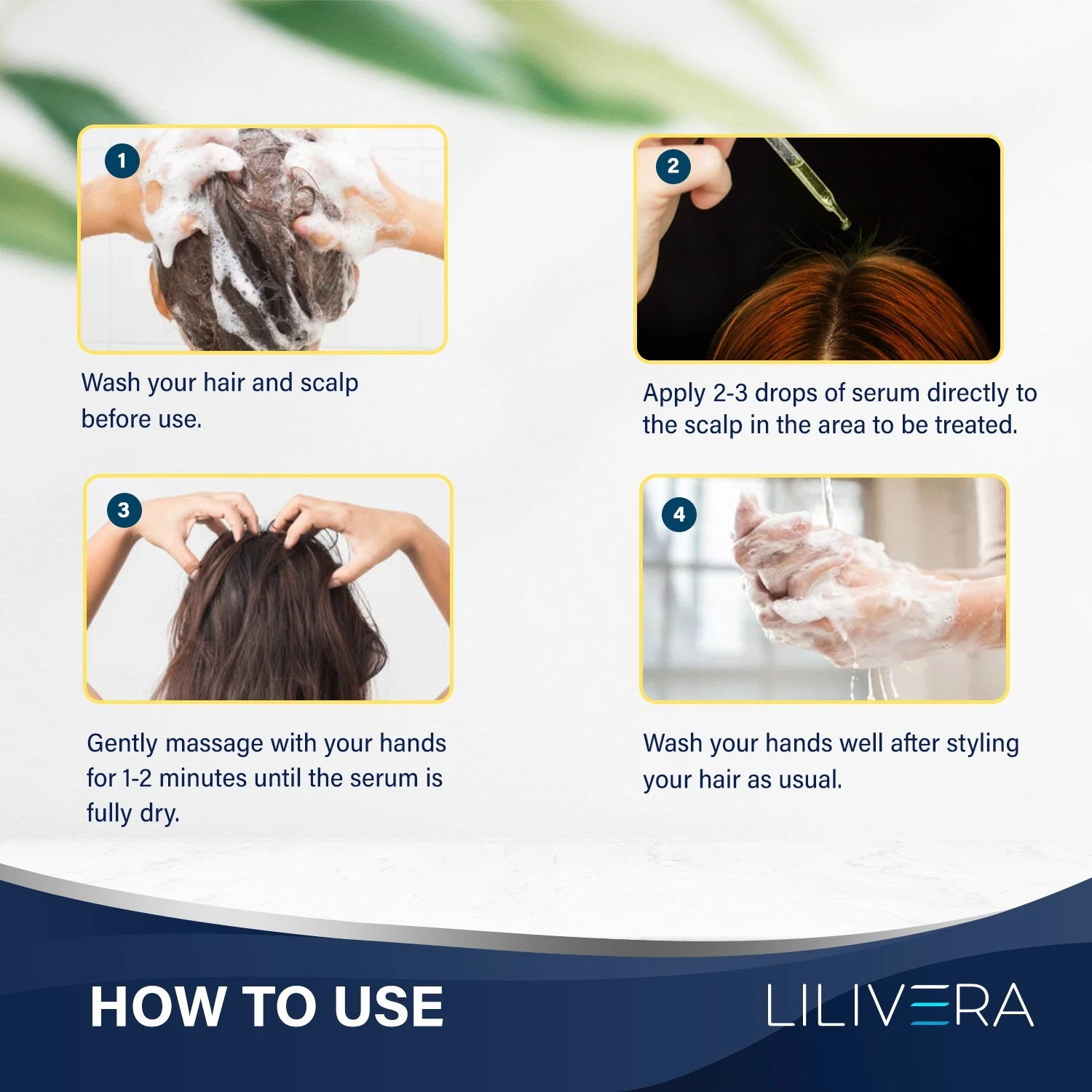 How to apply Lilivera Hair Growth Serum: 4 easy steps including washing scalp, applying 5% minoxidil drops, massaging, and daily hair care