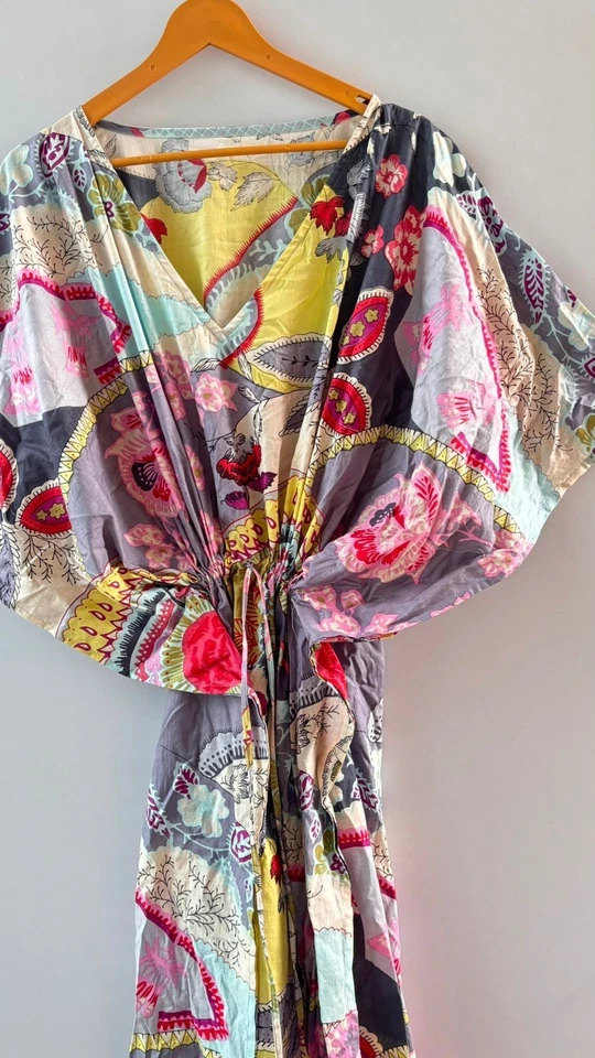 Maxi Vestido Caftán Playa Larga 100% Algodón Indio Vintage Talla Única Caftán Kimono Foto 4 de 4