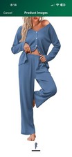 Ekouaer Women's Size M Blue Waffle Knit Pajamas Set 2 Pieces Loungewear Pockets