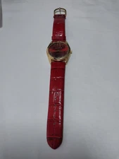 QVC Gossip Womens Red Leather Strap Watch Stainless Steel Quartz