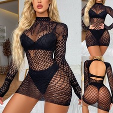 Robe de nuit femme en dentelle noire lingerie filet de pêche avec ajustement bo