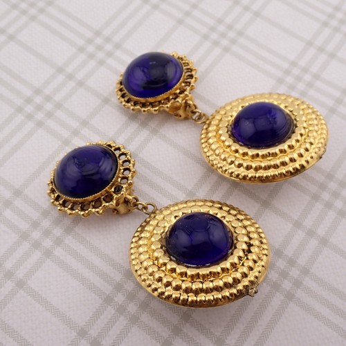 VTG Babylone Paris Designer Chic Blue Cabochon Bold Dangle Gold Tone Earrings - Picture 2 of 6
