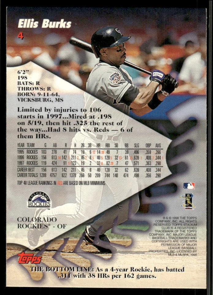 1998 Stadium Club #4 Ellis Burks - Image 2 of 2