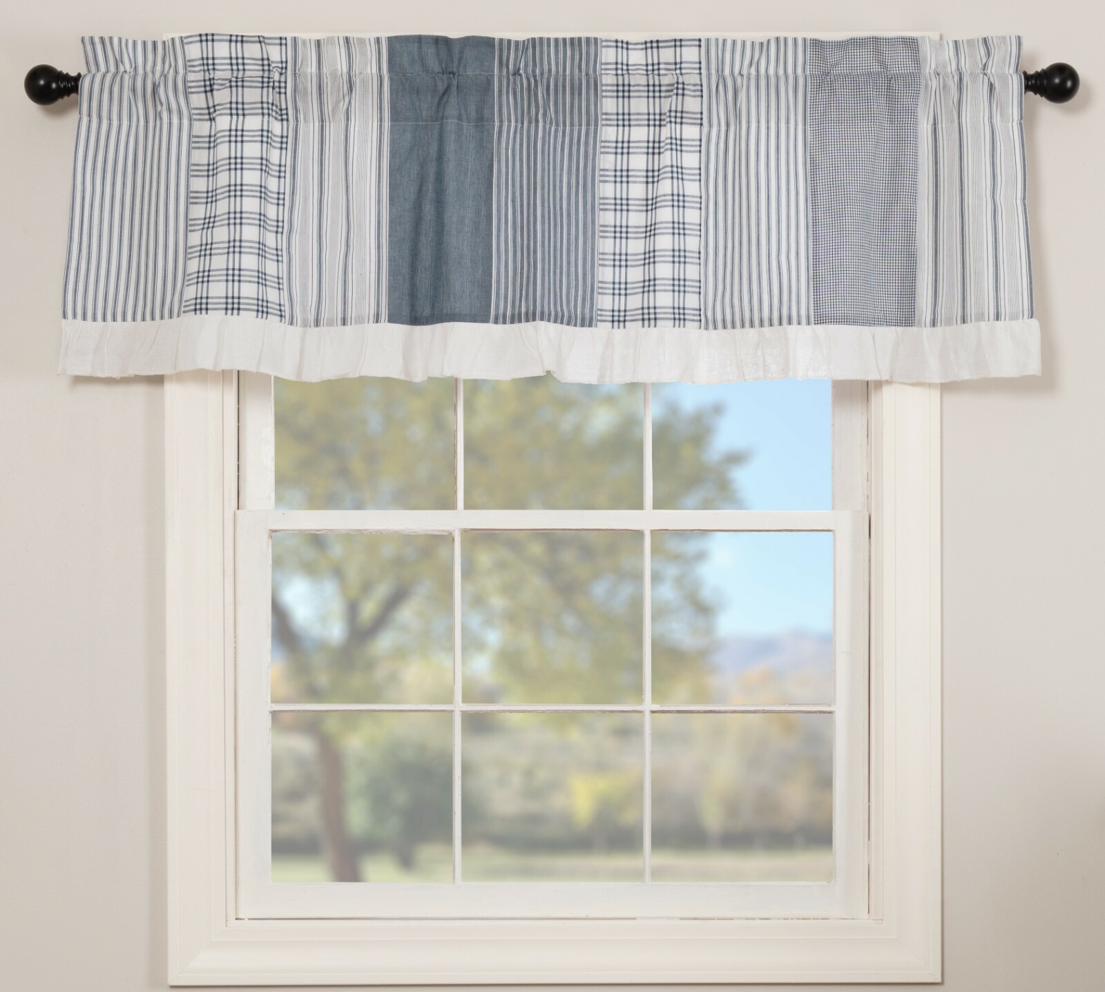 Blue & White Patchwork Window Valance with Ruffle Farmhouse Decor Sawyer Mill