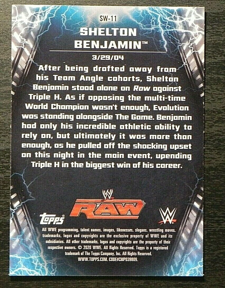 2020 Topps Chrome WWE SHOCKING WINS SW-11 Shelton Benjamin def Triple H RAW  - Image 2 of 2