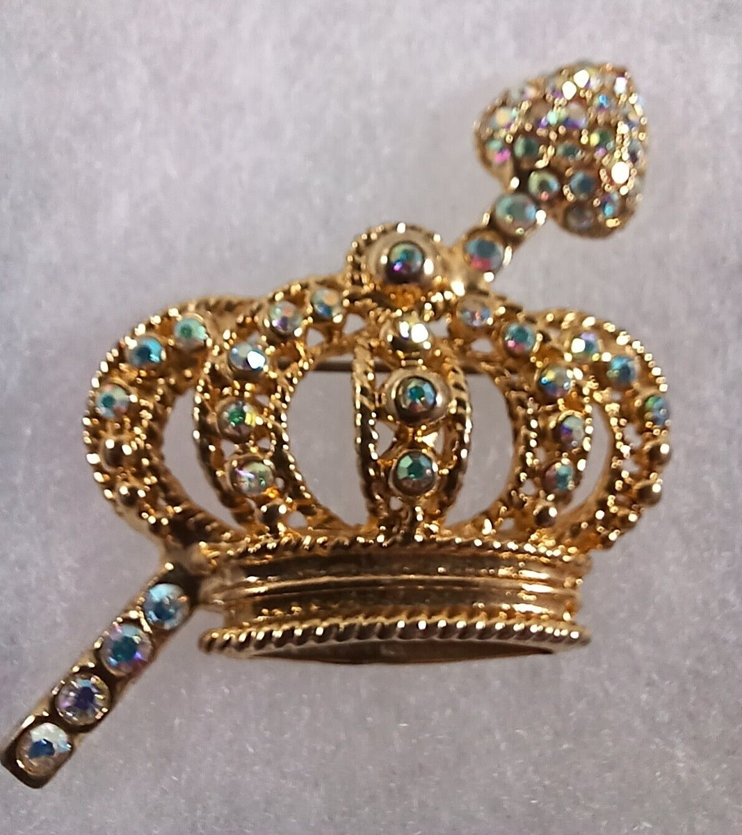 Mardi Gras Gold Tone AB Crystal Crown and Scepter Brooch | eBay display picture 1